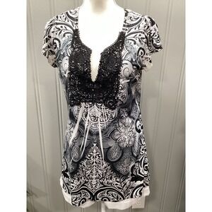 Roz & Ali Women's Black White Paisley Lace V-Neck Tunic Top Size M